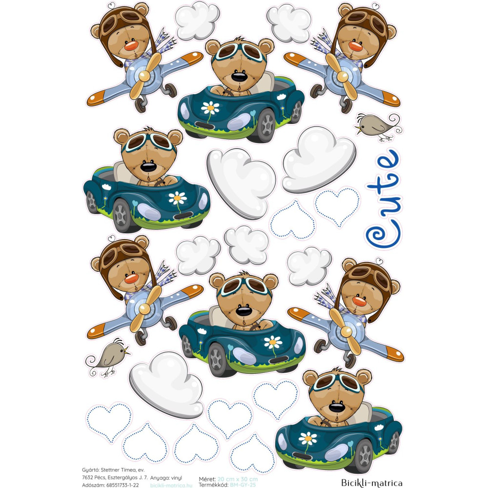 Repülős maci, autós macis gyerek kerékpár matrica