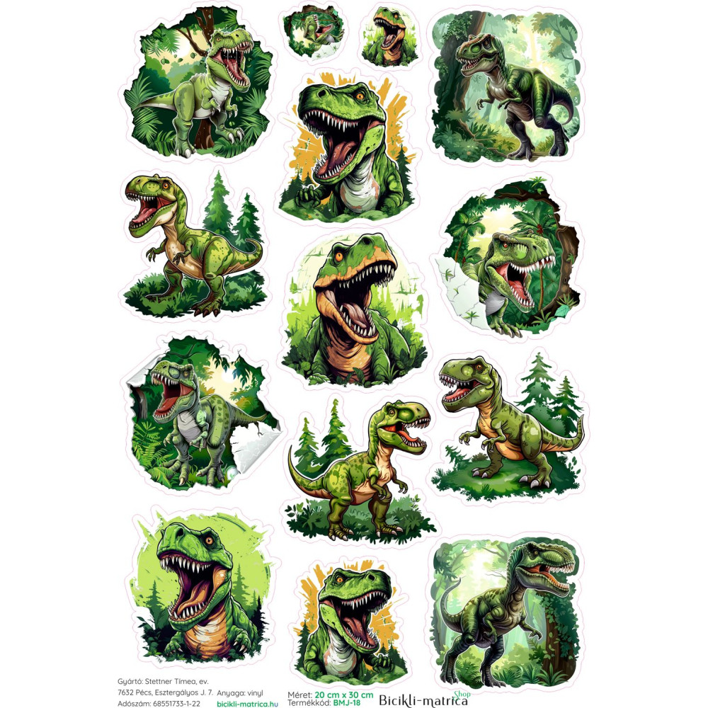 Dínós T-rex gyerek kerékpár matrica - 14 db-os