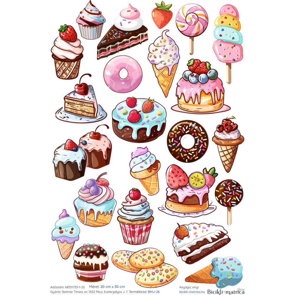 Édesség, fagyi, sütis gyerek kerékpár matrica szett - 25 db-os