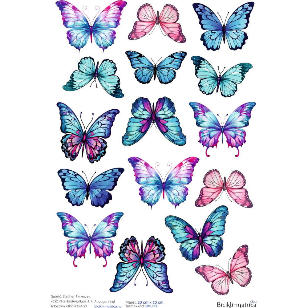 Pillangós bicikli matrica, kék és rózsaszín - 16 db-os