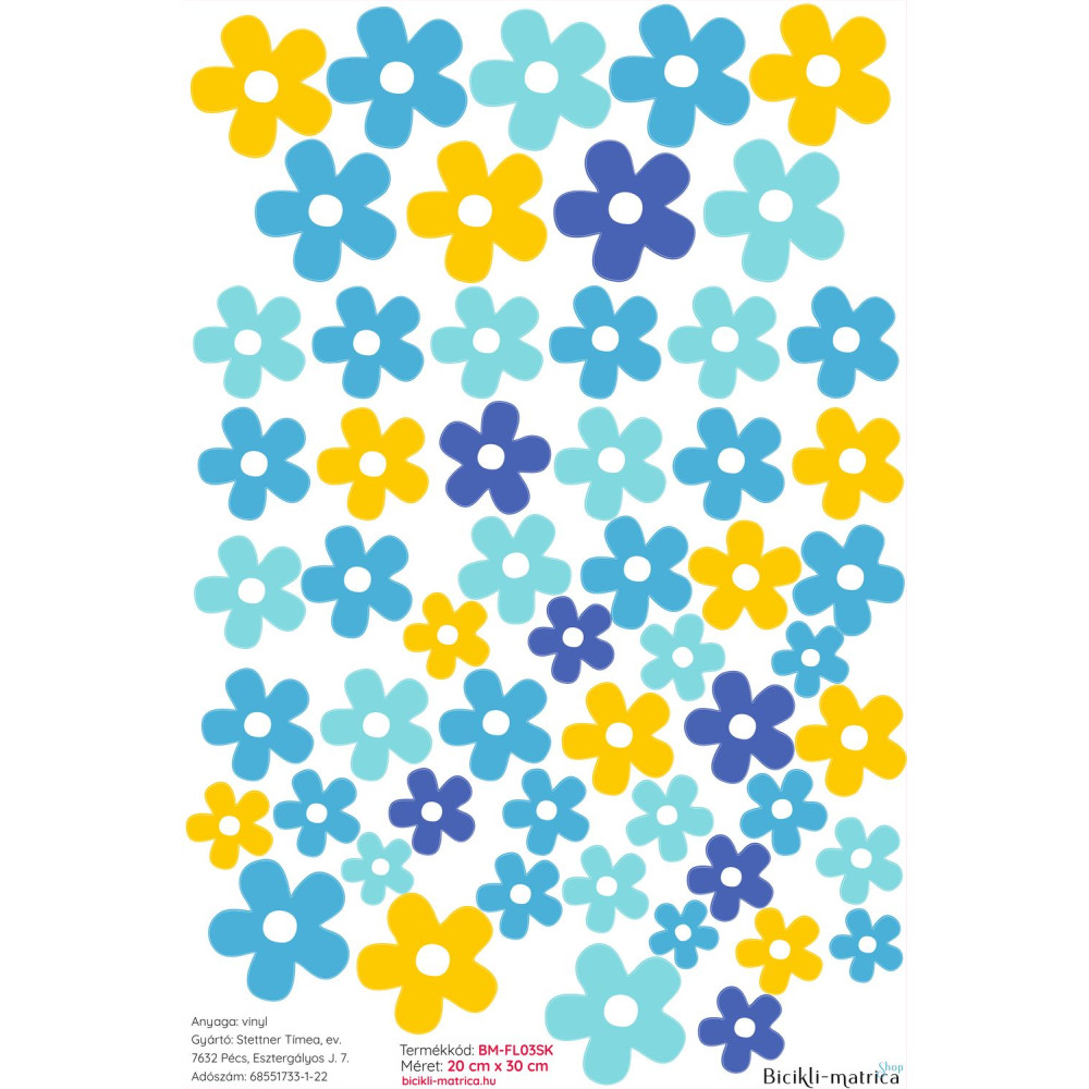 Virágos kerékpár matrica, kék, menta, sárga - 55 db-os