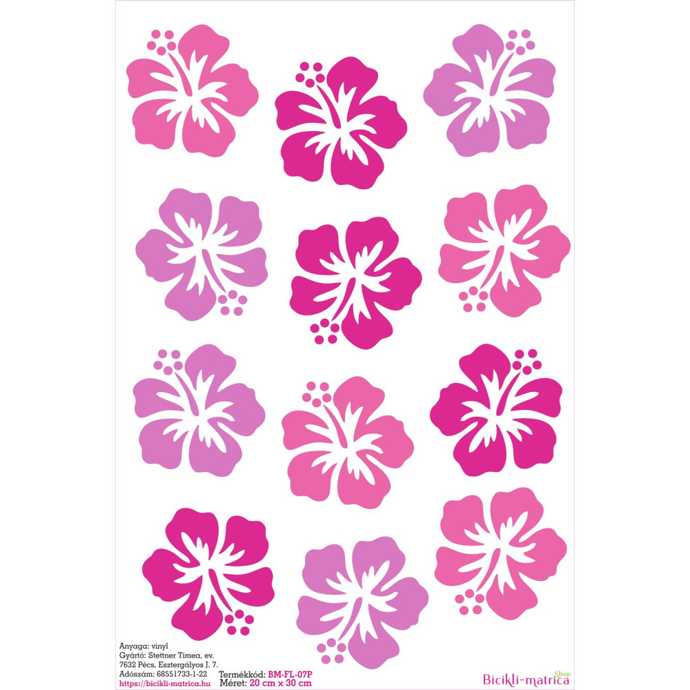 Hawaii virág fejes kerékpár matrica, pink, 6 cm - 12 db-os