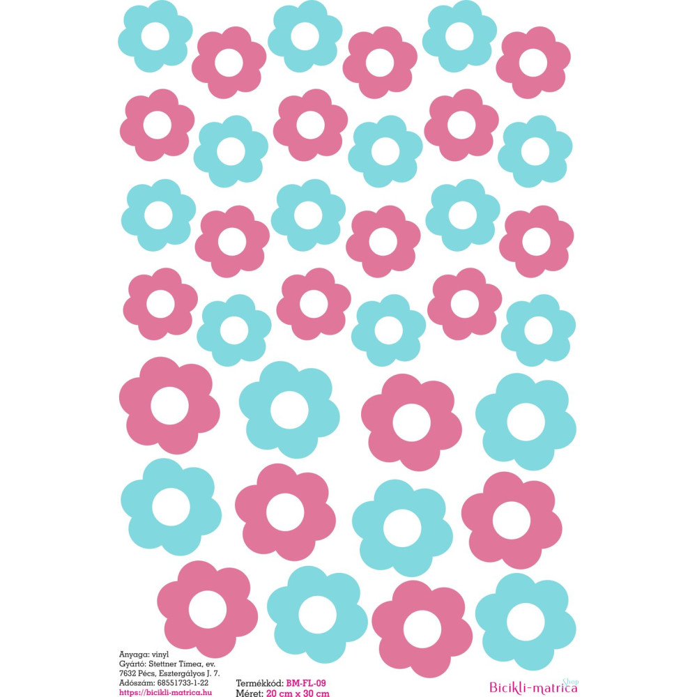 Türkiz és pink virág fejes kerékpár matrica, 3-4 cm - 36 db-os
