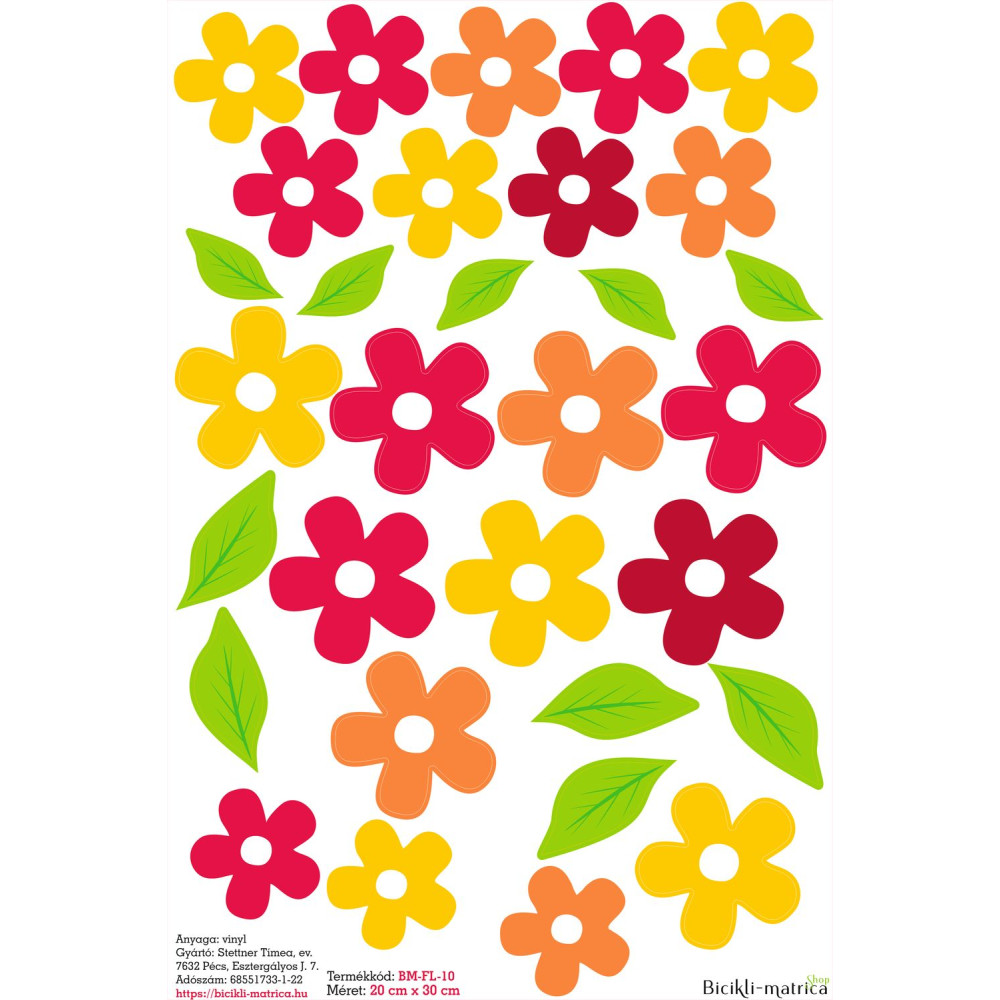 Virágos kerékpár matrica levelekkel, piros, sárga - 31 db-os