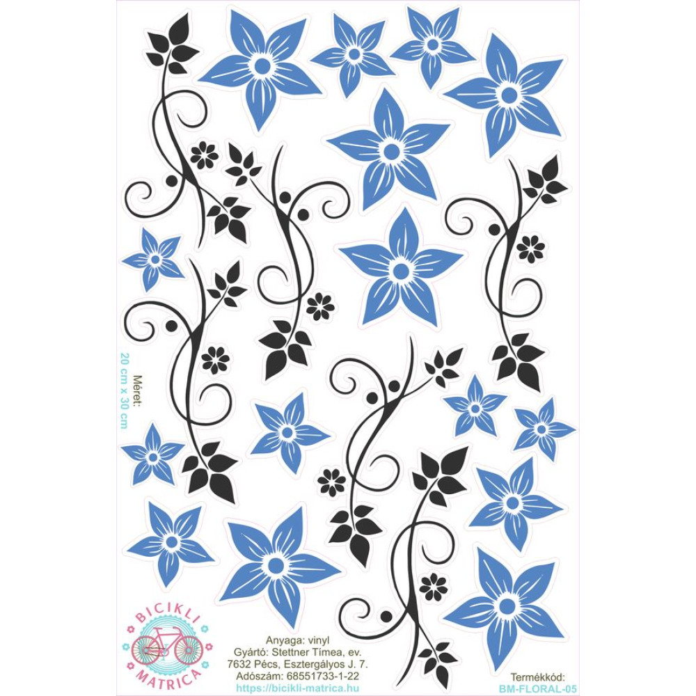 Vintages virágos kerékpár matrica, kék - 21 db-os szett