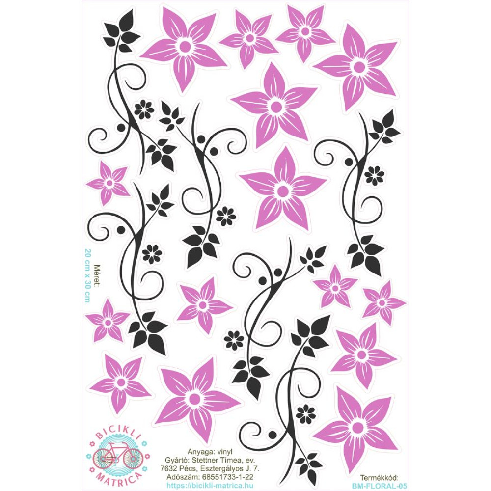 Vintages virágos kerékpár matrica, lila - 21 db-os szett