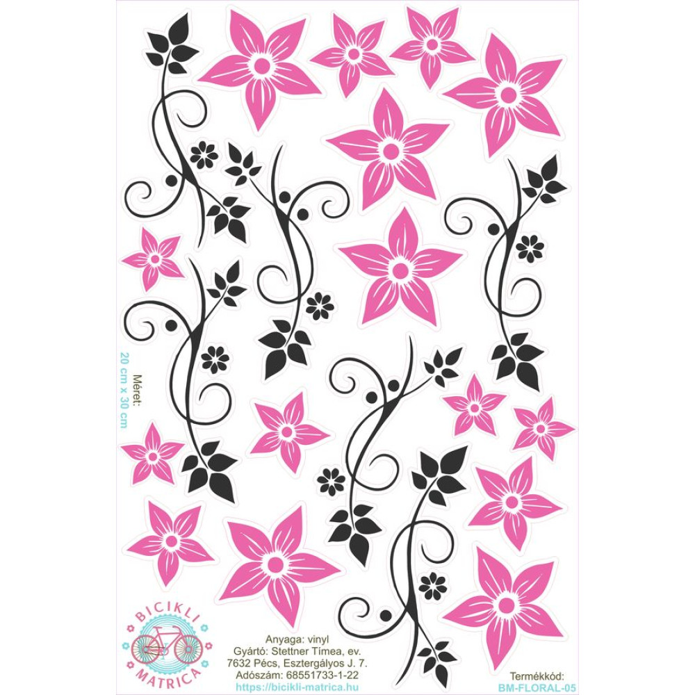 Vintages virágos kerékpár matrica, pink - 21 db-os szett