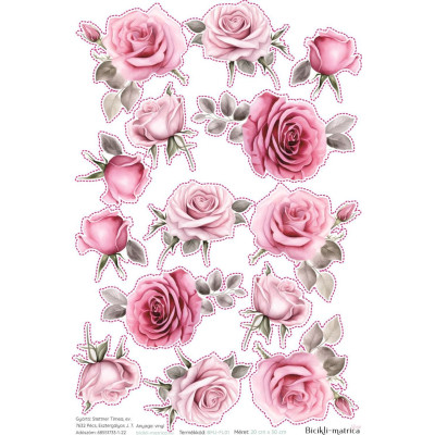 Rózsás kerékpár matrica, pink vintage - 14 db-os