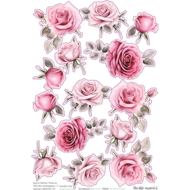 Rózsás kerékpár matrica, pink vintage - 14 db-os