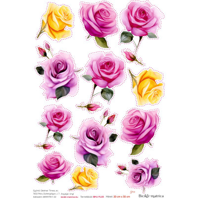 Rózsás kerékpár matrica, sárga, pink - 12 db-os