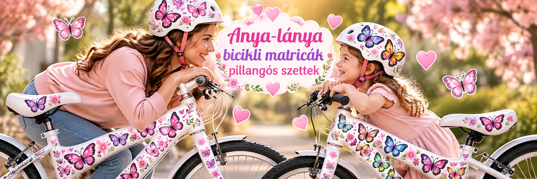Anya-lánya pillangós bicikli matrica szettek – színes és pink lepkés kerékpár matricák