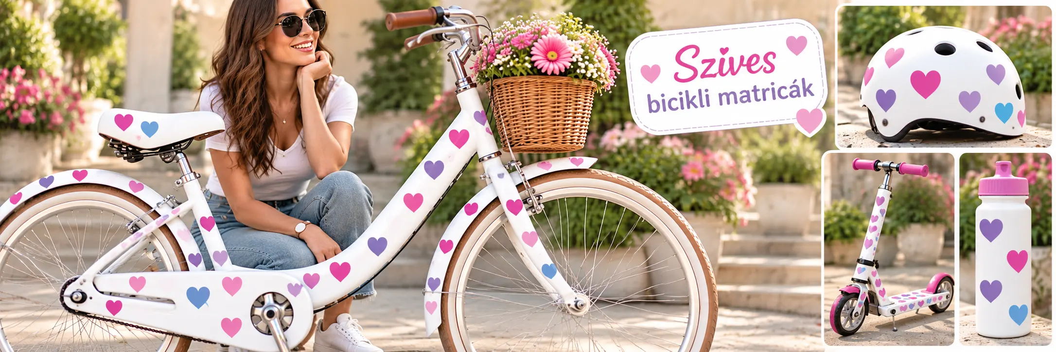 Szíves bicikli és kerékpár matricák gyerekeknek – pink, lila, kék és türkiz szív matricák
